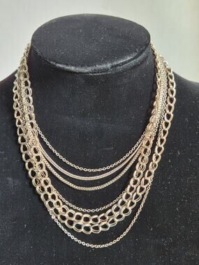 Silver Tone Multi Strand Chain Statement Necklace Layered Metal Bib #AEN21